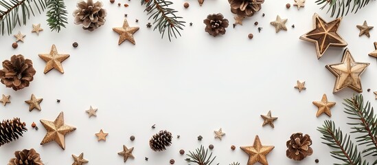 Poster - Festive Christmas setup with wooden decorations and stars on a white backdrop embodying the essence of the holiday season Top view showcasing a captivating copy space image