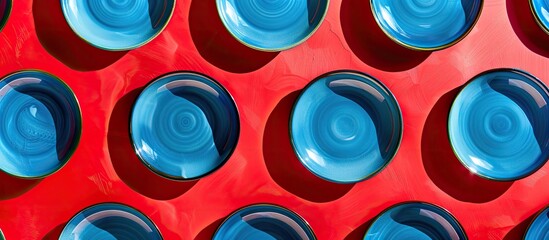 Leinwandbilder - Top view of a striking pattern of blue plates on a vibrant red backdrop with ample copy space image