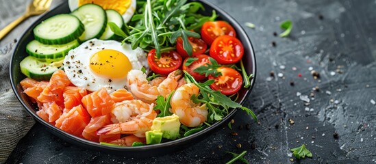 Poster - Salmon and shrimp salad with tomatoes cucumbers arugula eggs and avocado Suitable for ketogenic and paleo diets Ideal for copy space image