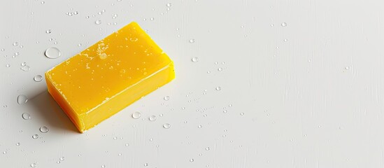 Poster - Yellow soap displayed with copy space image on a crisp white background