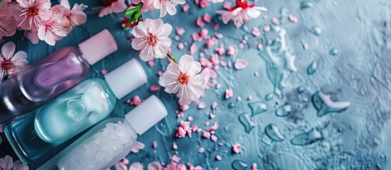 Poster - Manicure and pedicure beauty products for nail care with copy space image