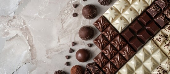 Poster - Variety of luxurious chocolates in white dark and milk set against a sweet themed backdrop with a blank area for images. Creative banner. Copyspace image