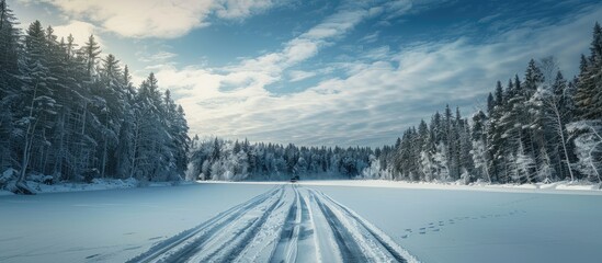 Poster - A scenic winter wonderland with a frozen lake pine forest and tractor tracks on the ice texture The dramatic blue sky and cloudscape add a stunning backdrop to the image with copy space