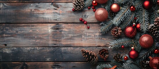 Wall Mural - Festive Christmas decor on a wooden backdrop with ample room for copy space image