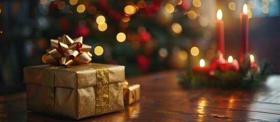 Aufkleber - A golden gift box rests on the table with a Christmas tree and red candlesticks in the background creating a festive setting for a copy space image