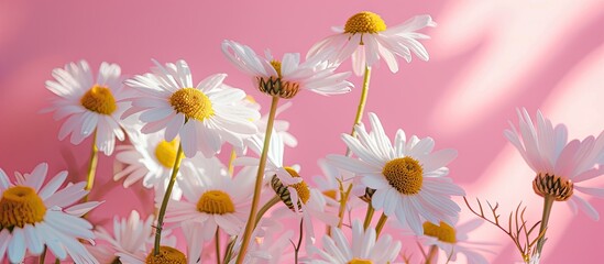 Aufkleber - White chamomile flowers on a pink backdrop with sunlight shining creating a vibrant and serene copy space image