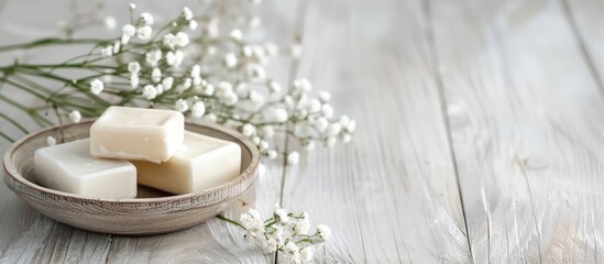 Poster - White wooden table with soap blocks no isolated with copy space image