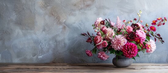 Poster - Lovely arrangement of fresh flowers displayed on a wooden table against a grey wall with a designated space for inserting text like a copy space image
