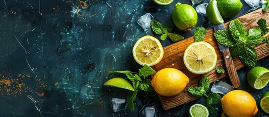 Poster - A half of a yellow lemon and a knife on a wooden cutting board along with fresh mojito drinks with lime and lemon creating a composition of delicious citrus fruits Copy space image