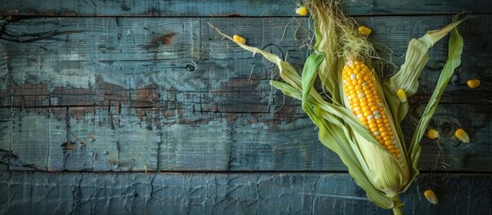 Aufkleber - Top view of a fresh sweet corn cob in its natural husk on a wooden surface with empty space for adding images. Creative banner. Copyspace image