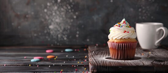Poster - Wooden table set with a birthday cupcake cup and copy space image