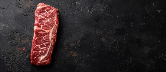 Poster - Top view of raw striploin steak or New York strip loin on black background with copy space image