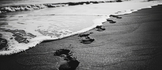 Poster - Monochrome image of human footprints on a sandy beach by the sea coast symbolizing vacation travel and summer with empty space for text. Creative banner. Copyspace image