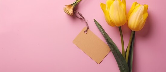 Fototapete - Yellow tulip with card note and tag on pink background in a flat lay top view conveying a concept for Mother s Day and holidays with room for text or image. Creative banner. Copyspace image