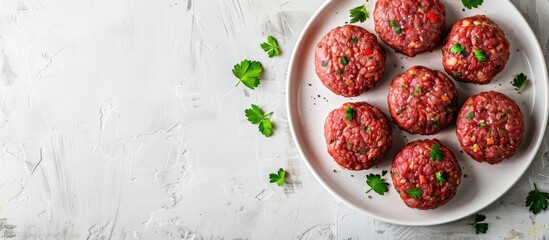 Poster - An overhead shot of homemade raw meat patties on a white background with room for text or other elements in the image. Creative banner. Copyspace image