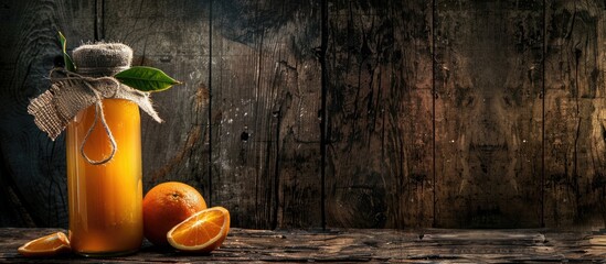 Poster - Orange juice with copy space image on wooden table over rustic background