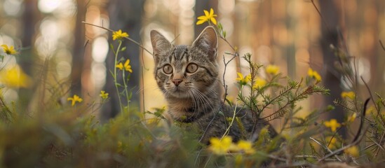 Fototapete - A young cat hiding amongst bushes near a coniferous forest with yellow celandine flowers by the woods on a sunny day with tall pine trees offering copy space image