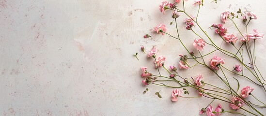 Sticker - Top down view of pink flowers arrangement on a soft background creating a flat lay composition with copy space image