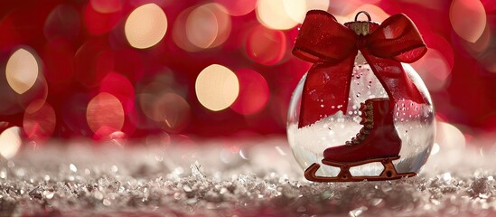 Poster - A holiday bauble with ice skates on a colorful backdrop featuring a red bow and room for text or a picture. Creative banner. Copyspace image