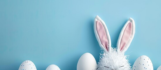 Aufkleber - Easter themed image with bunny ears and white eggs set against a blue backdrop perfect for a copy space image