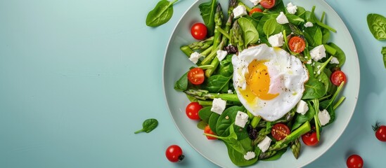 Sticker - Top view of vegan warm asparagus salad with spinach cherry tomatoes feta cheese and a poached egg on a light blue background with space for text or images. Creative banner. Copyspace image