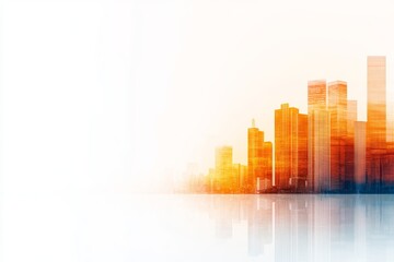 Wall Mural - A vibrant city skyline bathed in warm orange hues, showcasing modern architecture and a serene reflection on water.