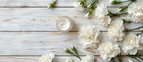 Poster - Night cream displayed with white carnation flowers on a bright wooden table background creating an elegant presentation with copy space image