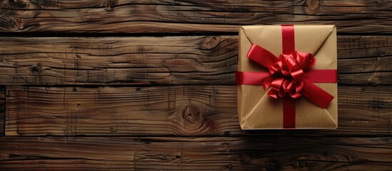 Poster - Wooden backdrop showcasing a gift box tied with a red ribbon viewed from above with ample copy space image