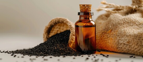 Poster - Glass bottle of black sesame essential oil in a sack on a white background symbolizing vegan healthy superfood with vitamins and copy space image