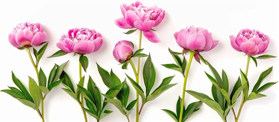 Poster - White background displays five pink peonies with short stems and lush green leaves in a serene image offering room for text. Creative banner. Copyspace image