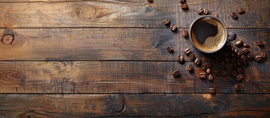 Poster - Wooden background with a cup containing espresso or Americano accompanied by coffee beans offering copy space for displaying images