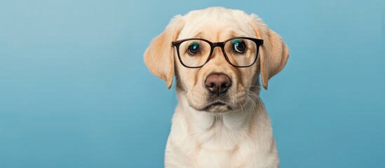 Poster - Labrador Retriever puppy with glasses bowing head looking at camera on blue backdrop includes copy space image