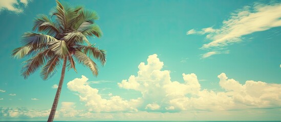 Poster - Tropical beach scene with a palm tree against a blue sky and white clouds creating a serene copy space image for summer vacation and business travel ideas Vintage color filter adds a nostalgic touch