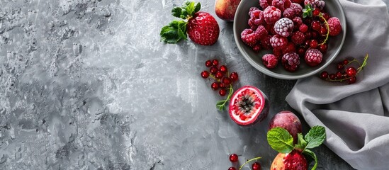 Poster - Passion fruit berry dessert on a gray concrete surface with a kitchen towel Emphasizing the recipe and healthy food concept through the top view and flat lay style providing copy space for images