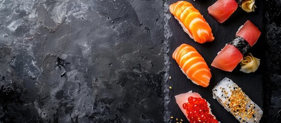 Aufkleber - Top view of a sushi set featuring salmon soft cheese tuna and smoked eel for home delivery perfect for a healthy meal with a copy space image