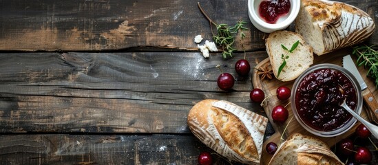 Poster - Horizontal menu design featuring fresh bread Camembert cheese and cowberry jam on a vintage dark wooden table with copy space image