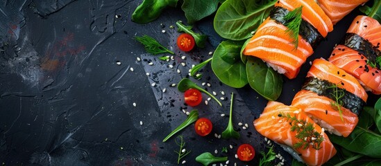 Poster - Salmon sushi presented on a bed of fresh greens with a copy space image included