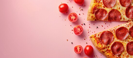 Leinwandbilder - Pepperoni pizza slices and cherry tomato on a pink backdrop with copy space image