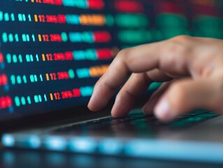 Wall Mural - close-up of a hand typing on laptop keyboard with stock market data displayed on the screen - financial trading concept