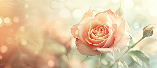 Poster - Soft pastel floral card with blurred delicate rose petals on an unfocused abstract flower background creating an appealing copy space image