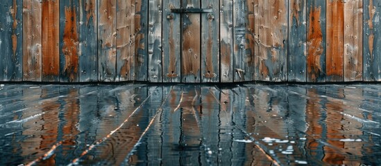 Poster - A varnished plank provides a crisp reflection on the backdrop image with copy space