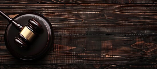 Wall Mural - Legal concept illustrated by a judge s gavel on a dark wooden surface top view with space for text or images in the background. Creative banner. Copyspace image