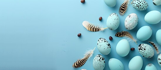 Aufkleber - Easter themed border of stunning blue ombre Easter eggs with quail eggs and feathers on a blue backdrop designed with copy space for text