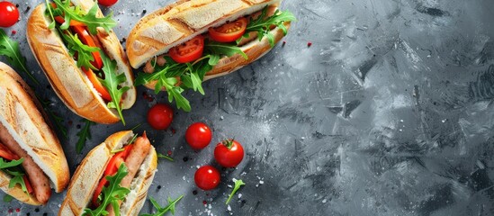 Aufkleber - Sandwiches with boiled sausage tomato cheese and arugula on a grey table with a copy space image