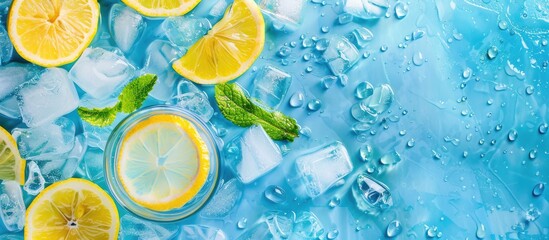 Sticker - Background showcasing a refreshing summer theme featuring blue detox water fresh slices of lemon and ice cubes with copy space image