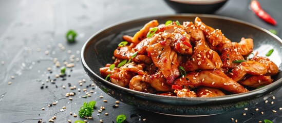 Poster - Sauteed chicken skin with a sprinkle of sesame seeds in an elegant plating setting with a plain background for copy space image