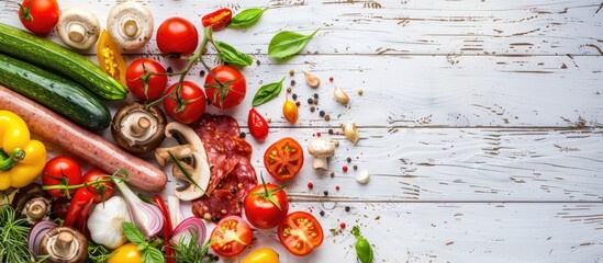 Poster - Free copy space image of pizza ingredients like mushrooms sausages tomatoes and vegetables seen from above on a white wooden surface