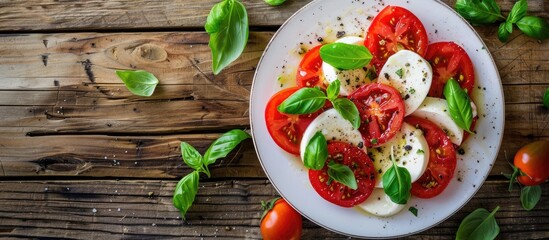 Aufkleber - Top view of a plate with caprese salad a classic Italian dish featuring cherry tomatoes fresh mozzarella and basil leaves on a rustic wooden table with copy space image