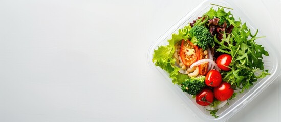 Poster - White isolated background with a plastic food box intended for delivery and grab and go perfect as a design element with ample copy space image