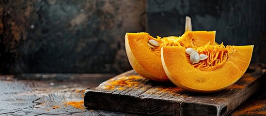 Poster - Pumpkin prepared for baking on table top with copy space image